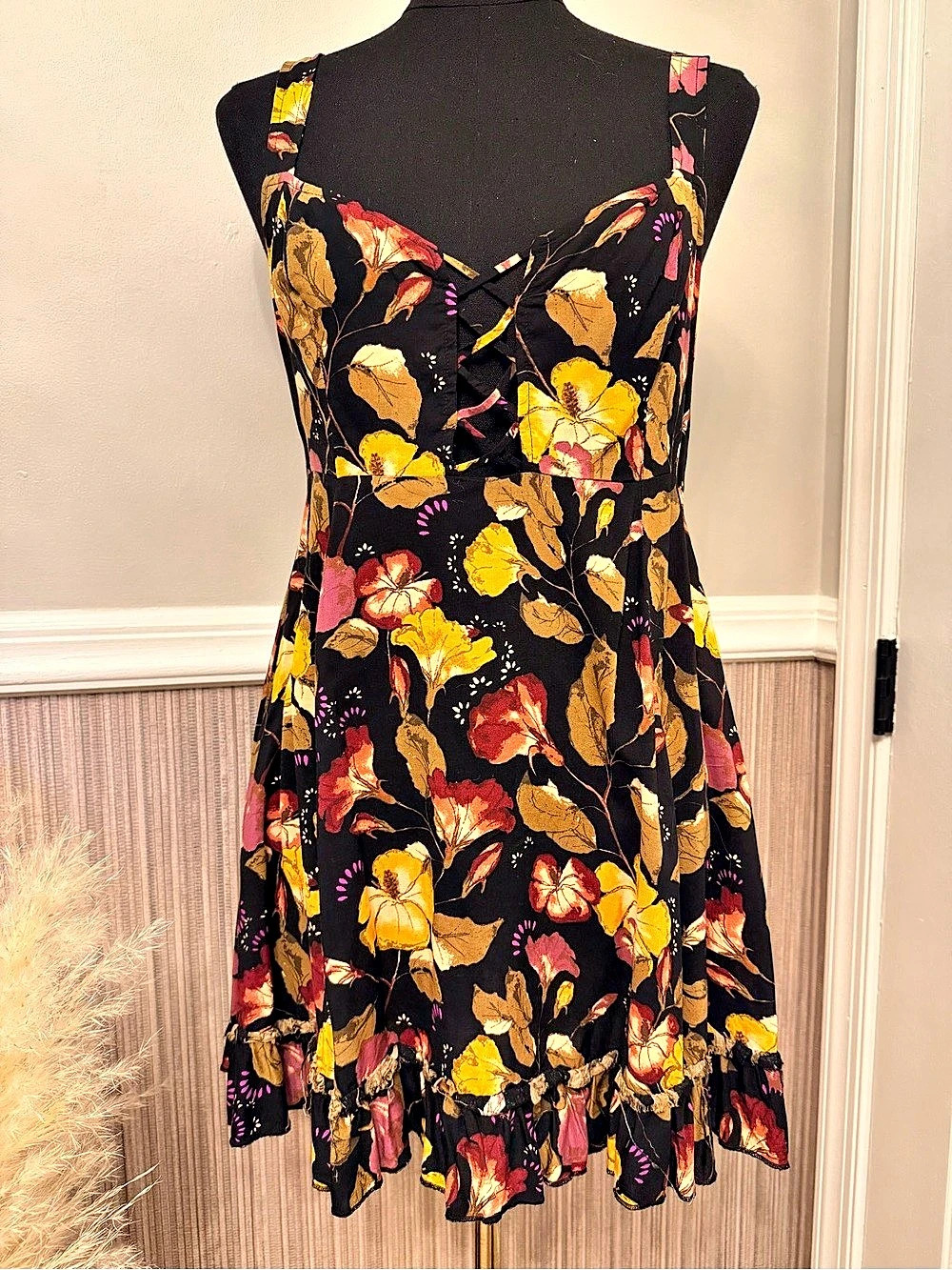 Free People Black Floral Lace Up Mini Dress Smocked Back Boho Small
